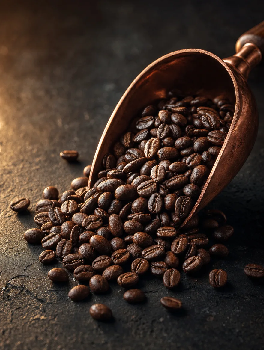 A copper scoop of fresh-roasted beans
