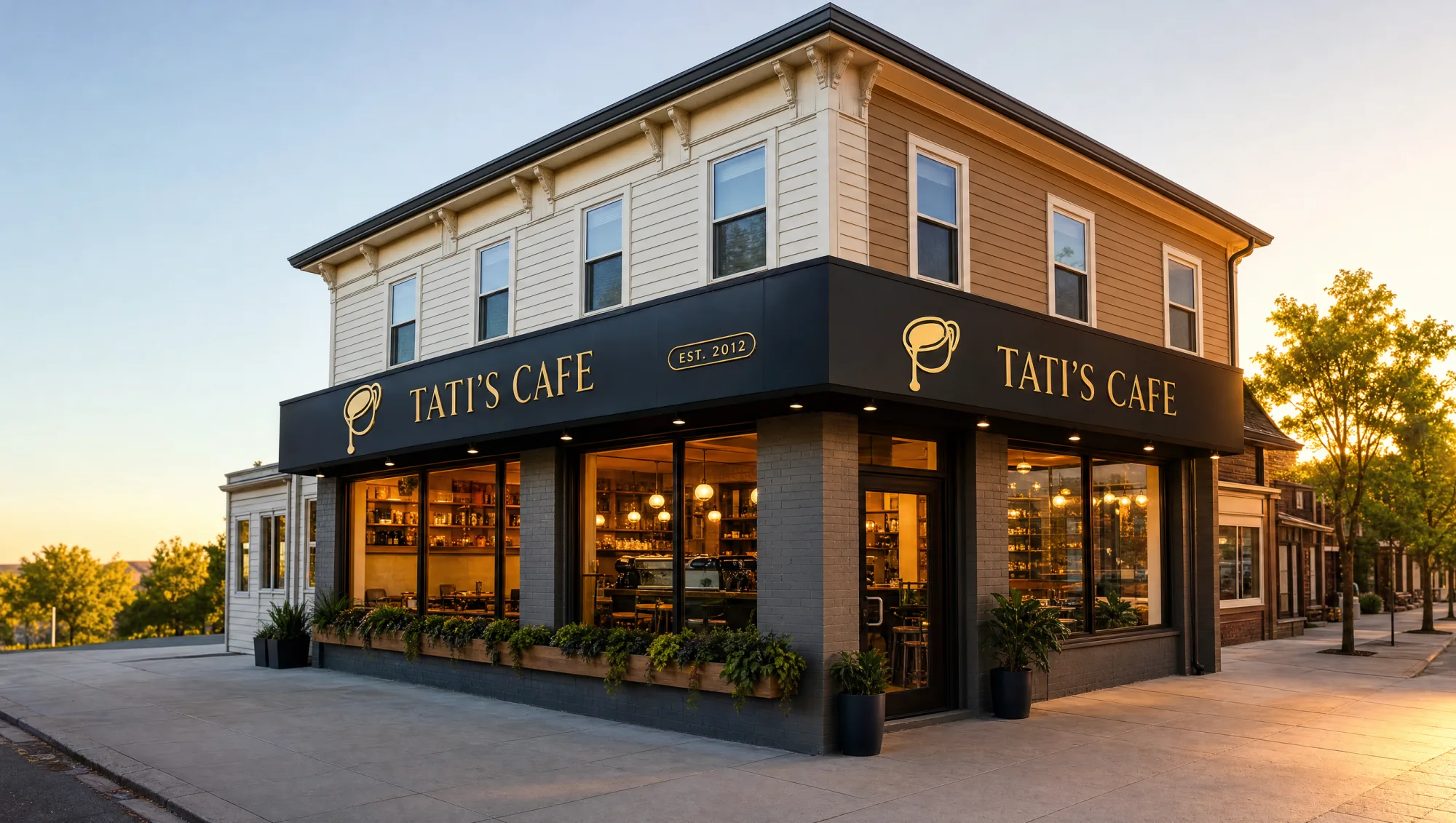 Tati's Cafe storefront at golden hour