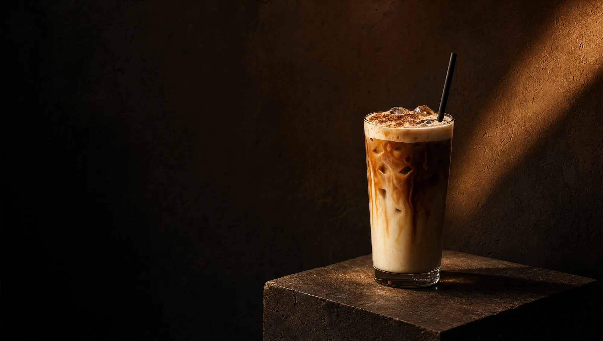 Iced latte on a sunlit plaster ledge